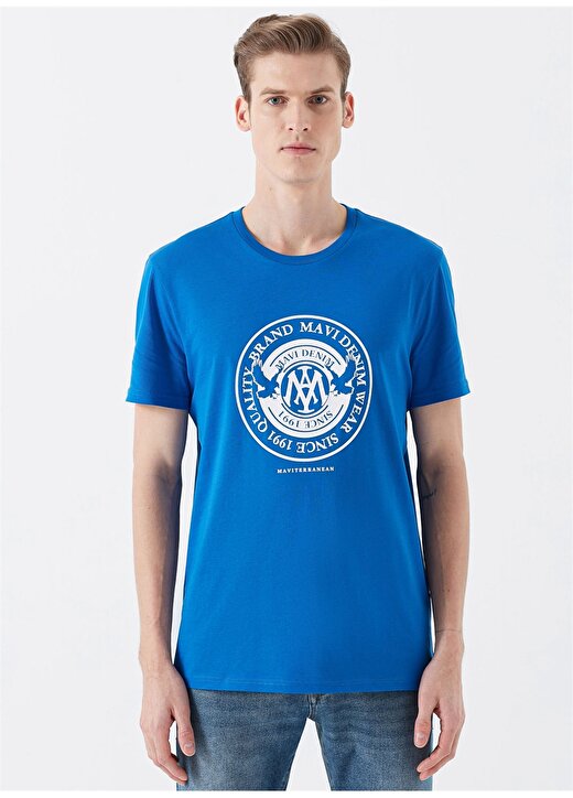 Mavi Bisiklet Yaka Kısa Kol Saks Mavi Erkek T-Shirt 3