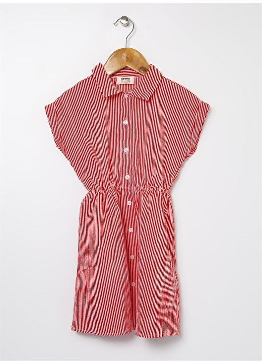 Koton Gömlek Yaka Kolsuz Orta Boy Bol Kesim Çizgili Fırfırlı Kız Çocuk Elbise 1