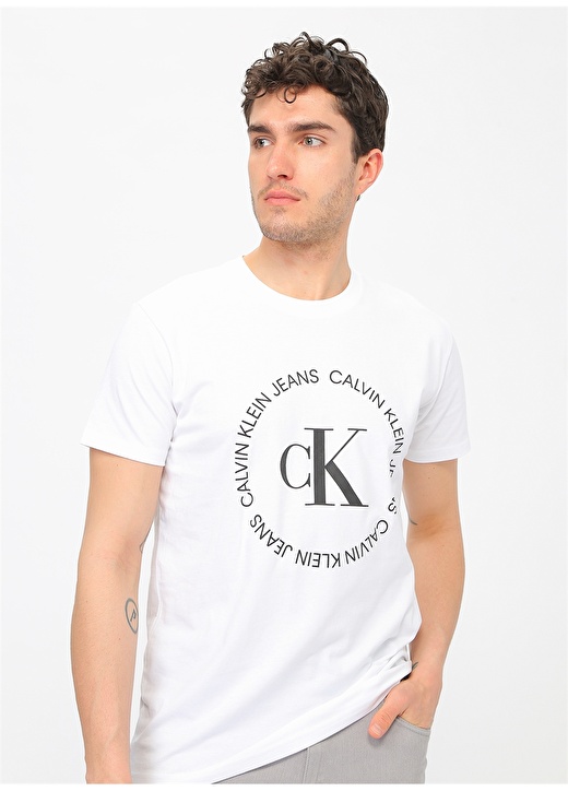 Calvin Klein Jeans Bisiklet Standart Baskılı Erkek Beyaz T-Shirt J30J314760-YAF CK ROUND LOGO REG 1