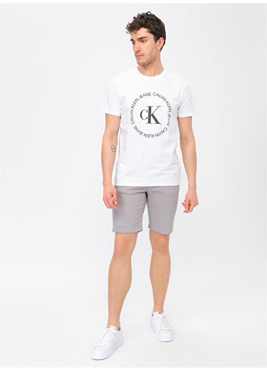 Calvin Klein Jeans Bisiklet Standart Baskılı Erkek Beyaz T-Shirt J30J314760-YAF CK ROUND LOGO REG 2