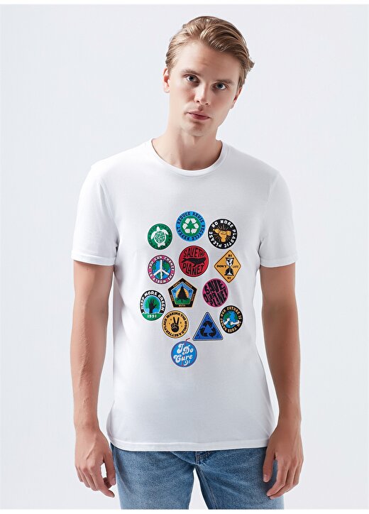 Mavi Erkek Beyaz Bisiklet Yaka T-Shirt 3