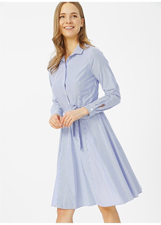 Koton Gömlek Yaka Çizgili Mavi Melanj Kadın Elbise 1