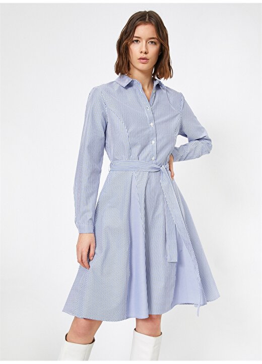Koton Gömlek Yaka Çizgili Mavi Melanj Kadın Elbise 2