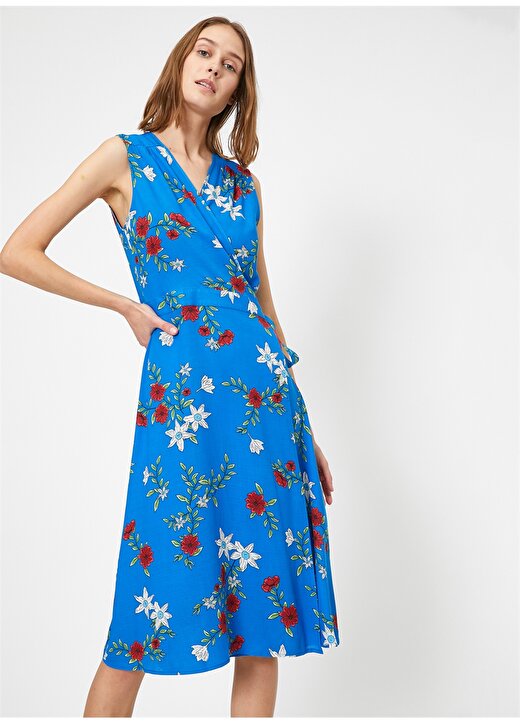 Koton V Yaka Desenli Mavi Kadın Elbise 2