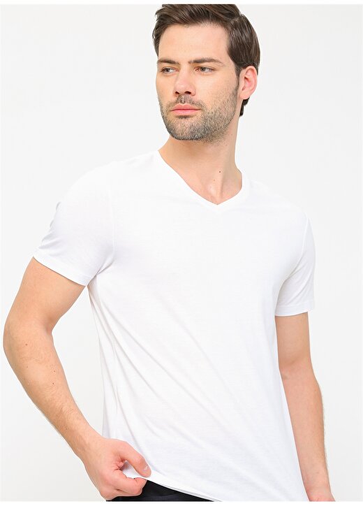 Pierre Cardin V Yaka Kısa Kol Düz Slim Fit Beyaz Erkek T-Shirt 3