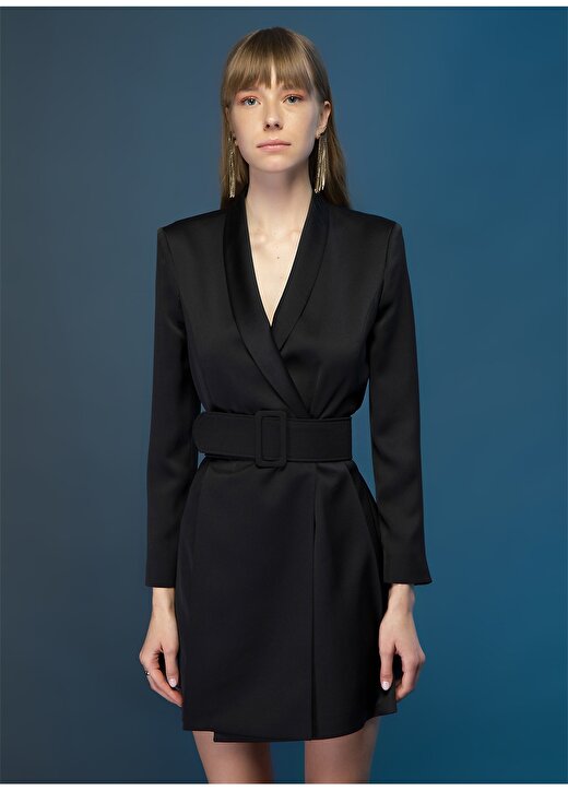 Tuvanam X Fabrika Ceket Yaka Düz Siyah Kadın Elbise 4