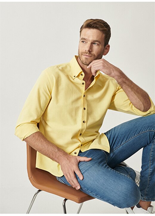Altınyıldız Classics Slim Fit Düğmeli Yaka Oxford Sarı Erkek Gömlek 3
