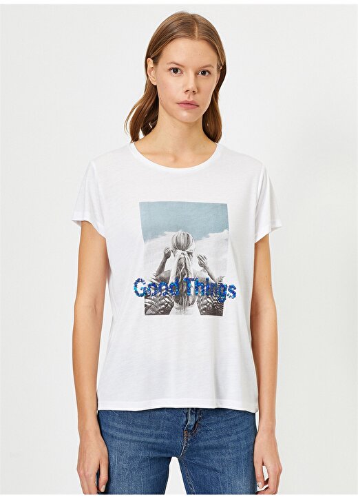 Koton Bisiklet Yaka Pul Detaylı Good Things Baskılı Beyaz Kadın T-Shirt 3