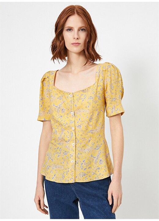 Koton Çiçek Desenli Keten Sarı Kadın Gömlek 3