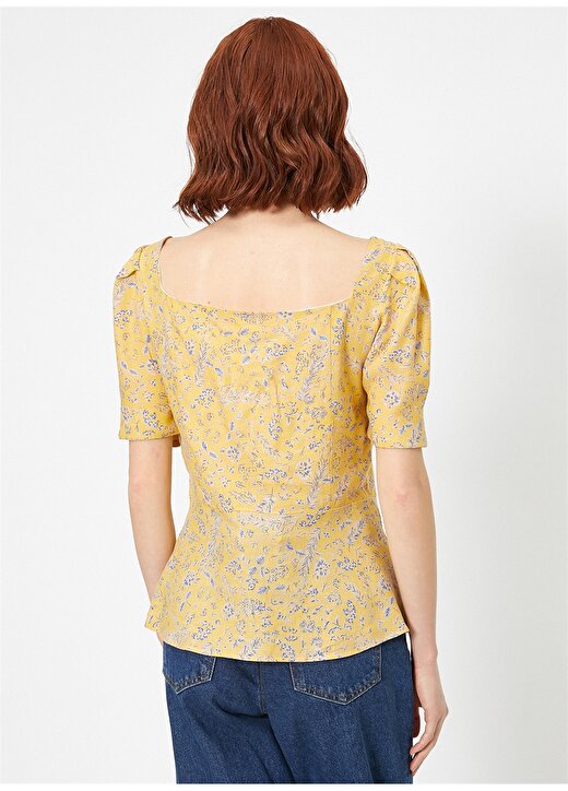 Koton Çiçek Desenli Keten Sarı Kadın Gömlek 4