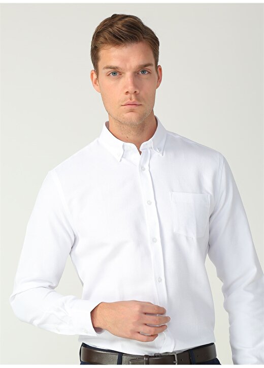 Fabrika Comfort Düğmeli Yaka Armürlü Beyaz Gömlek 1