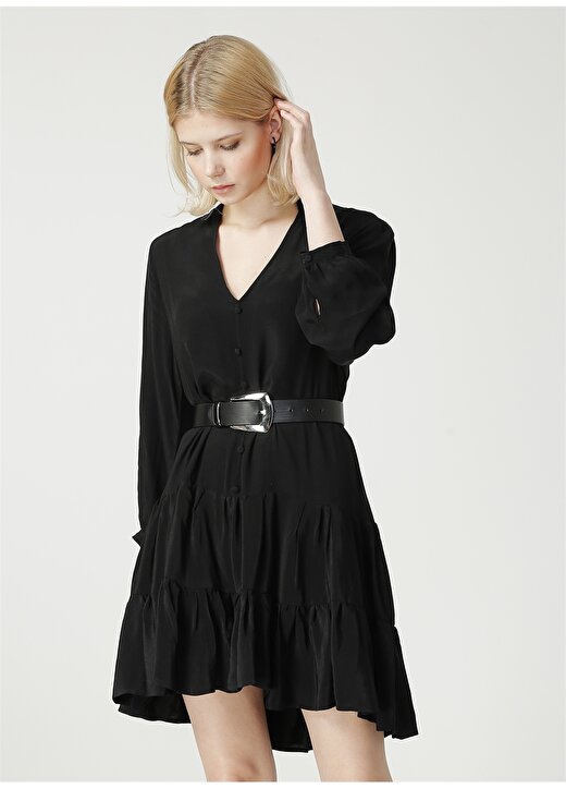 Limon Düz Kaçık Yaka Uzun Kol Geniş Fit Siyah Kadın Elbise 1