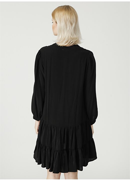 Limon Düz Kaçık Yaka Uzun Kol Geniş Fit Siyah Kadın Elbise 4