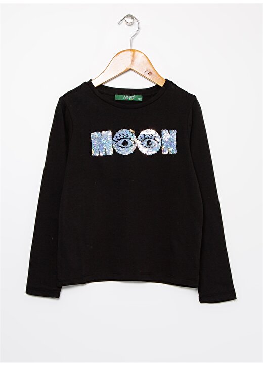 Limon Moon Yazılı Nakışlı Bisiklet Yaka Uzun Kol Siyah Kız Çocuk T-Shirt 1