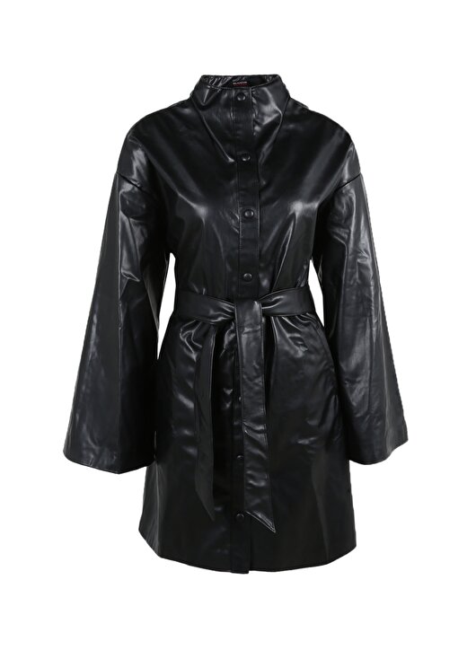 Selma Çilek Siyah Kadın Dik Yaka Deri Görünümlü Elbise SLM-76 1