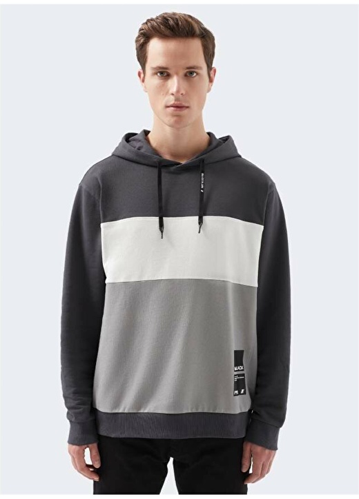 Mavi Kapüşonlu Rahat Düz Koyu Gri Erkek Sweatshirt 3