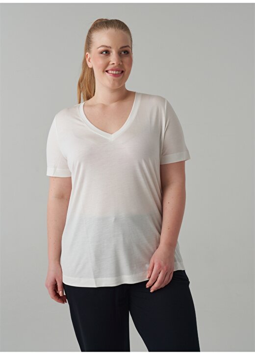 Luokk V Yaka Kısa Kollu Beyaz Kadın T-Shirt 1