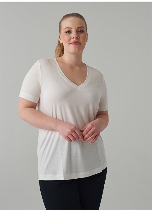 Luokk V Yaka Kısa Kollu Beyaz Kadın T-Shirt 2