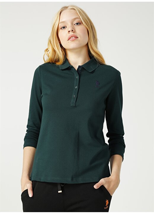 U.S. Polo Assn. Polo Yaka Slim Fit Düz Koyu Yeşil Kadın Sweatshirt 1