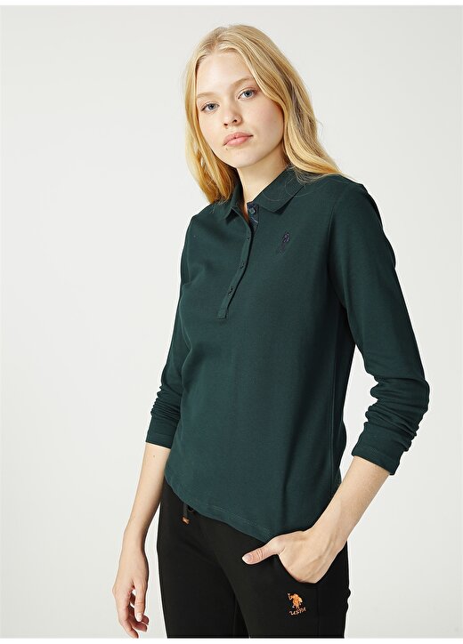 U.S. Polo Assn. Polo Yaka Slim Fit Düz Koyu Yeşil Kadın Sweatshirt 3