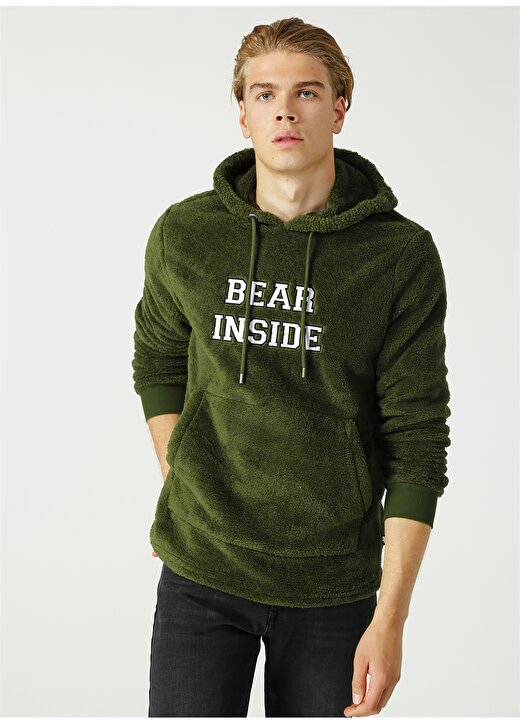 Bad Bear Bear Plush Kapüşonlu Baskılı Haki Erkek Polar Sweatshirt 3