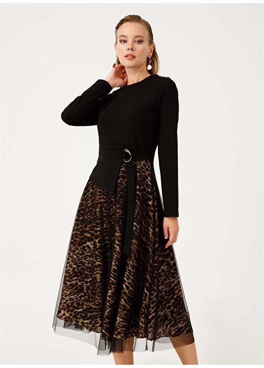 Ekol Siyah Leopar Desenli Elbise 2