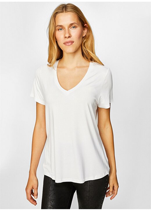 Faik Sönmez V Yaka Standart Kalıp Düz Beyaz Kadın T-Shirt B00001 3