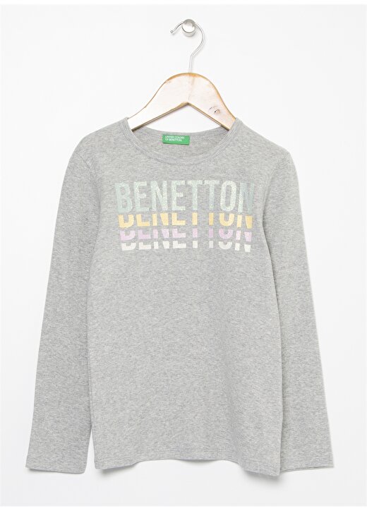 Benetton Yazılı Gri Melanj Kız Çocuk T-Shirt 1