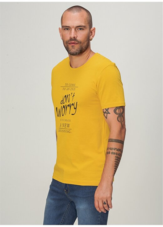 People By Fabrika Bisiklet Yaka Baskılı Hardal Erkek T-Shirt 4