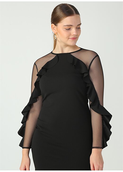 Ekol Yuvarlak Yaka Düz Siyah Kadın Gece Elbisesi 1