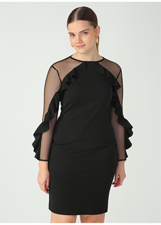 Ekol Yuvarlak Yaka Düz Siyah Kadın Gece Elbisesi 3