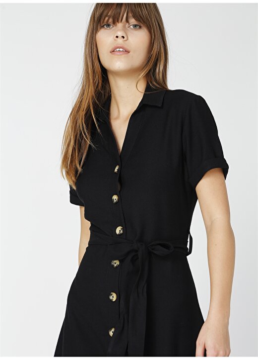 Limon Gömlek Yaka Düz Siyah Kadın Elbise 3