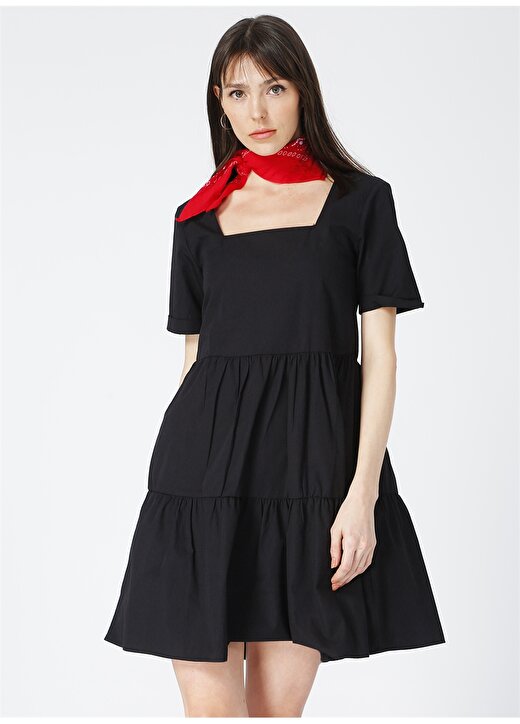 Limon Kare Yaka Düz Siyah Kadın Elbise 2