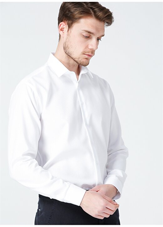 Fabrika Düğmeli Basic Armürlü Beyaz Erkek Gömlek - PEK N 150 3