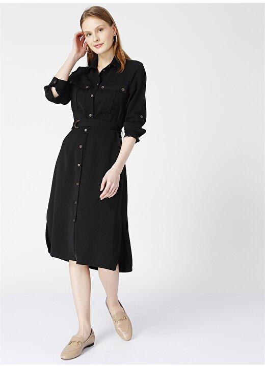 Fabrika Gömlek Yaka Düz Siyah Kadın Elbise 3