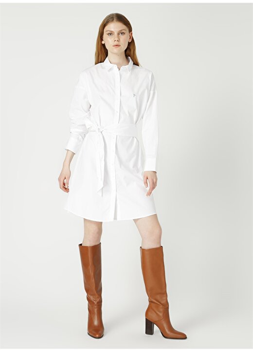 Fabrika Gömlek Yaka Düz Beyaz Kadın Elbise 3