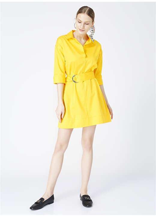 Fabrika Gömlek Yaka Düz Sarı Kadın Elbise 3