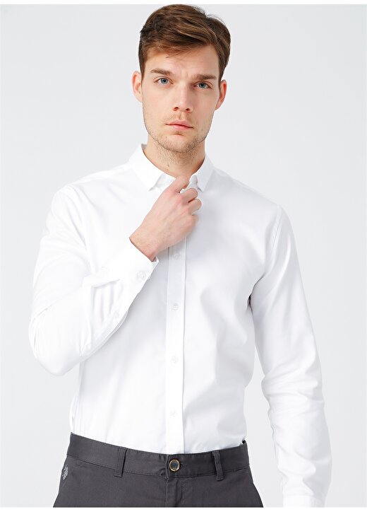 Fabrika Düğmeli Basic Düz Beyaz Erkek Gömlek - PARKER 1