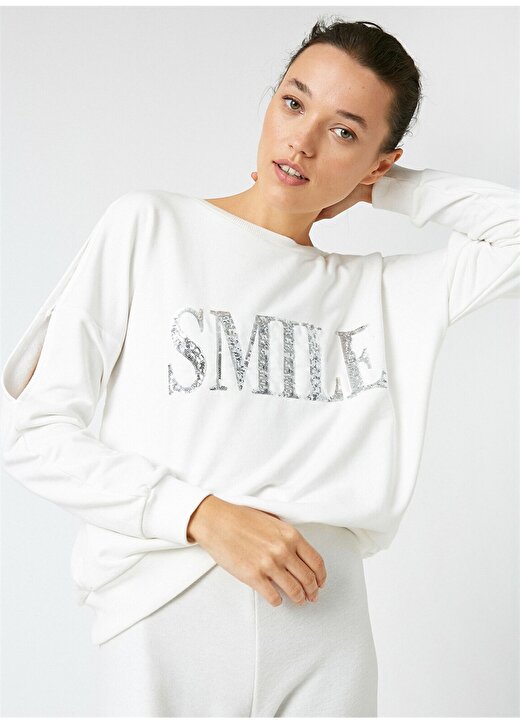 Koton Bisiklet Yaka Kolları Yırtmaçlı Smile Yazılı Pullu Beyaz Kadın Sweatshirt 2