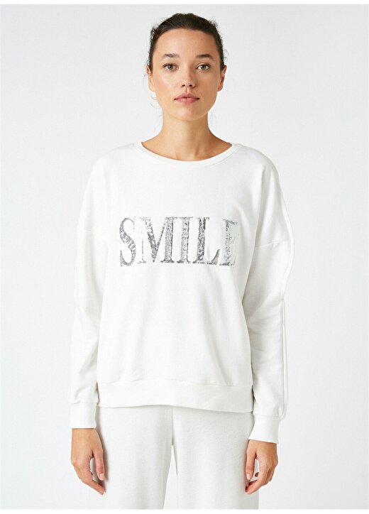 Koton Bisiklet Yaka Kolları Yırtmaçlı Smile Yazılı Pullu Beyaz Kadın Sweatshirt 3