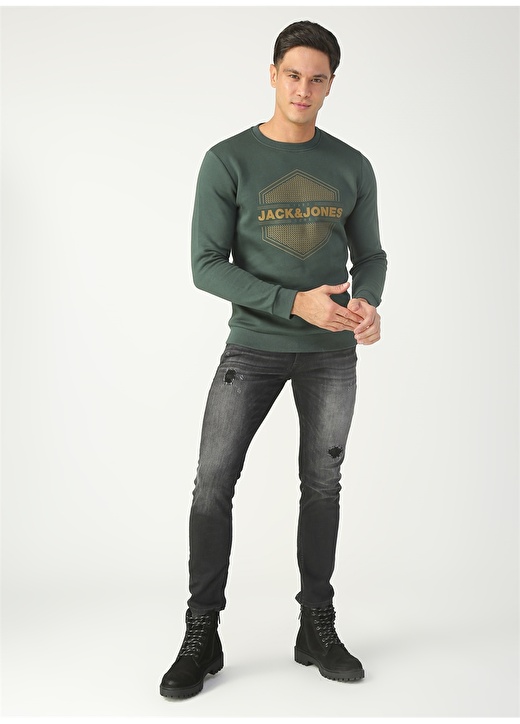 Jack & Jones O Yaka Normal Baskılı Koyu Yeşil Erkek Sweatshirt 2