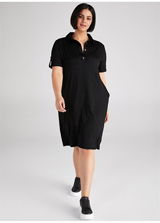 Faik Sönmez Polo Yaka Düz Siyah Kadın Elbise B00070 3
