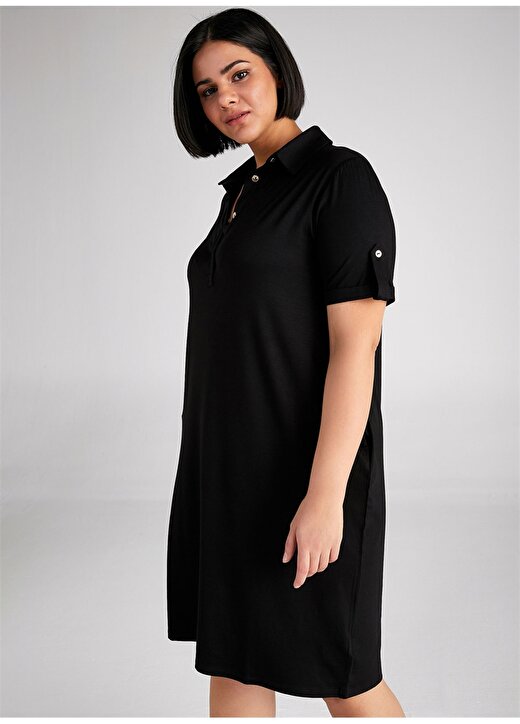 Faik Sönmez Polo Yaka Düz Siyah Kadın Elbise B00070 4