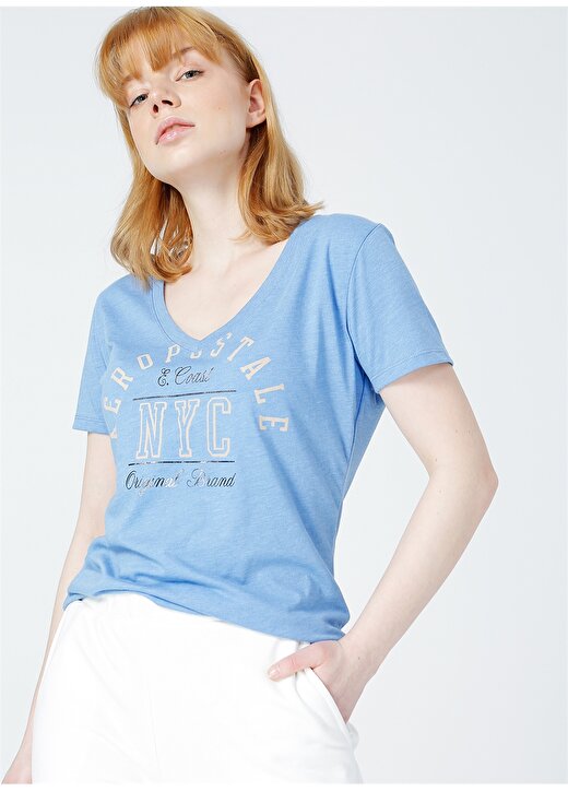 Aeropostale 4412-21 V Yaka Kısa Kol Standart Yazılı Mavi Kadın T-Shirt 3