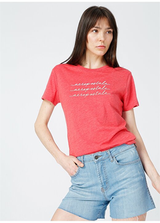 Aeropostale Nakışlı Kırmızı Bisiklet Yaka Kadın T-Shirt 3