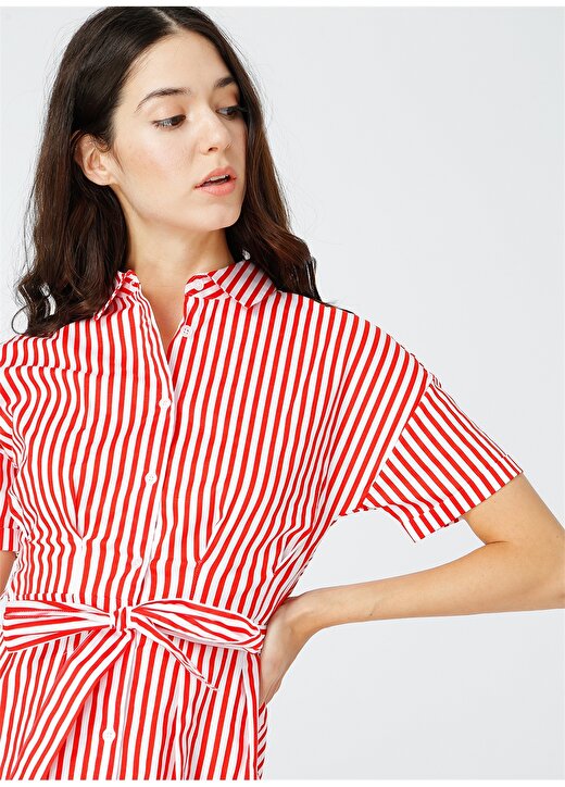Fabrika Gömlek Yaka Çizgili Beyaz - Kırmızı Kadın Elbise 3