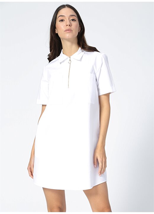 Fabrika Comfort Gömlek Yaka Düz Beyaz Kadın Elbise 3