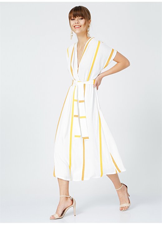 Fabrika Comfort V Yaka Çizgili Sarı - Beyaz Kadın Elbise 1