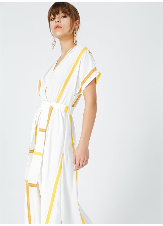 Fabrika Comfort V Yaka Çizgili Sarı - Beyaz Kadın Elbise 2