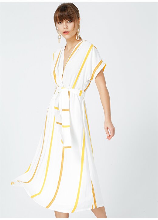 Fabrika Comfort V Yaka Çizgili Sarı - Beyaz Kadın Elbise 3